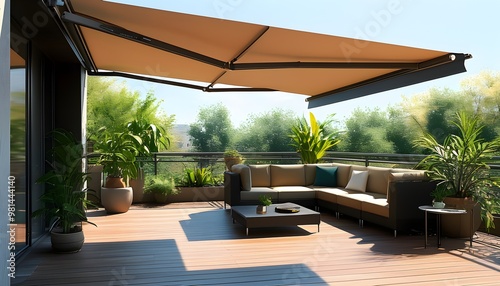 Charming sunny terrace featuring a retractable awning, elegant outdoor furniture, and lush greenery