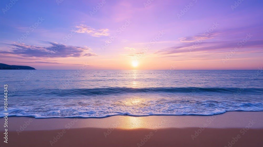 Obraz premium The ocean is calm and the sky is a beautiful shade of purple. The sun is setting, casting a warm glow over the water