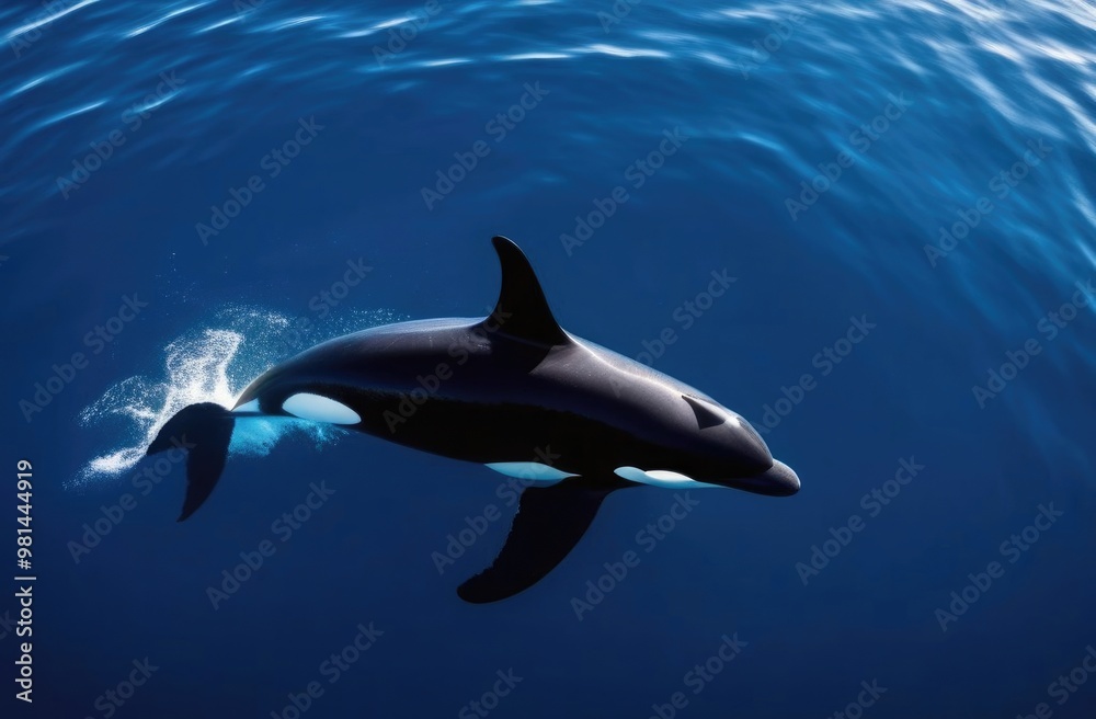 Top view of a killer whale swimming in the ocean. Top view of a killer whale swimming in the ocean.