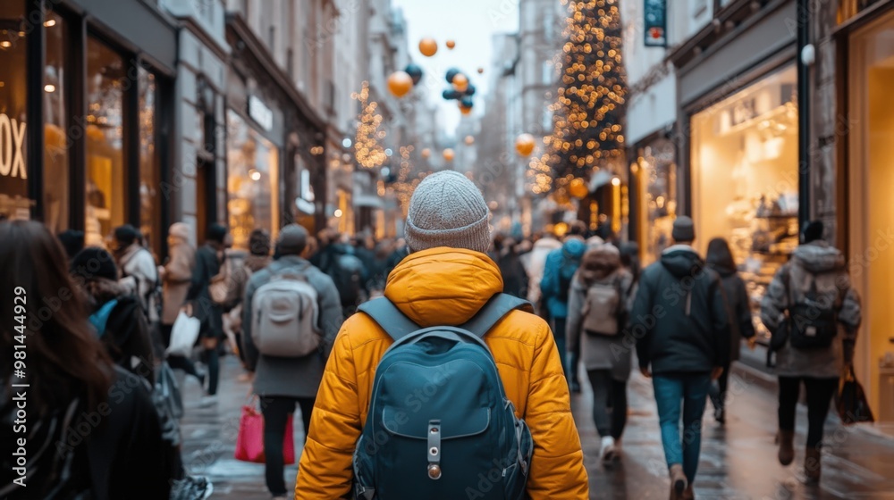 Obraz premium Urban Crowd Walking Through Sunlit City Streets