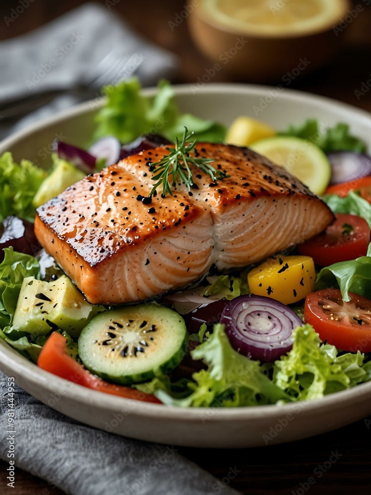 Grilled salmon fillet on a fresh salad. Grilled salmon fillet on a fresh salad.