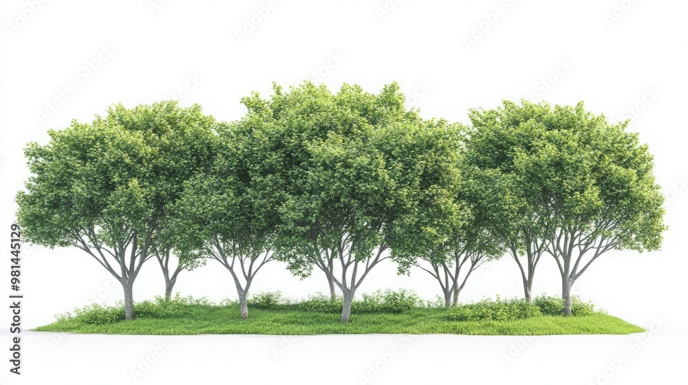 Fototapeta premium group of trees with green bushes isolated on a white background, featuring a clipping path for precise cutout, ideal for botanical illustrations, environmental graphics
