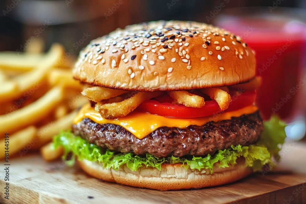 Delicious cheeseburger with french fries on a sesame seed bun is sitting on a wooden board Delicious cheeseburger with french fries on a sesame seed bun is sitting on a wooden board