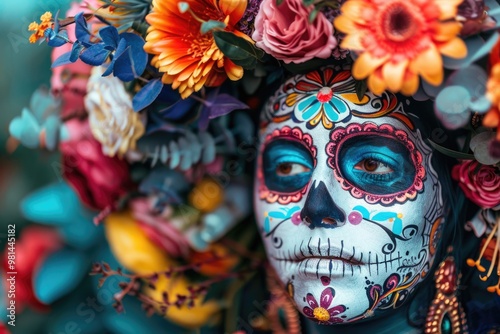 A close-up shot of a person with their face painted with vibrant flowers