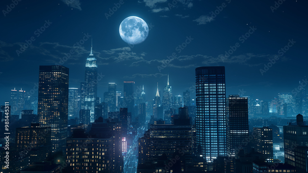 Moon over city skyline at night, glowing cityscape with full moon