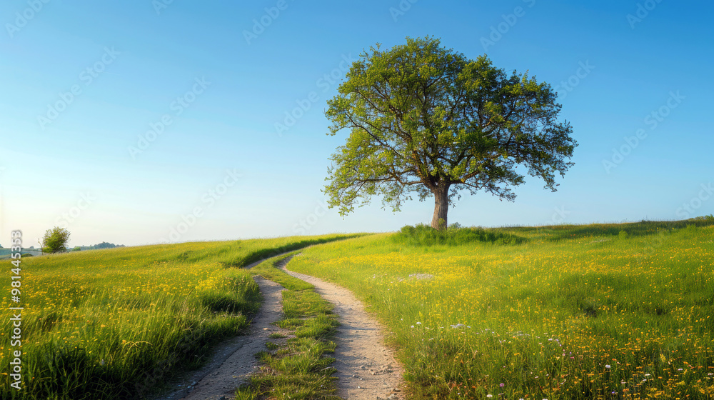 A single lonely tree stands on a hill in the middle of a green lawn, surrounded by hills in a peaceful field A single lonely tree stands on a hill in the middle of a green lawn, surrounded by hills in a peaceful field