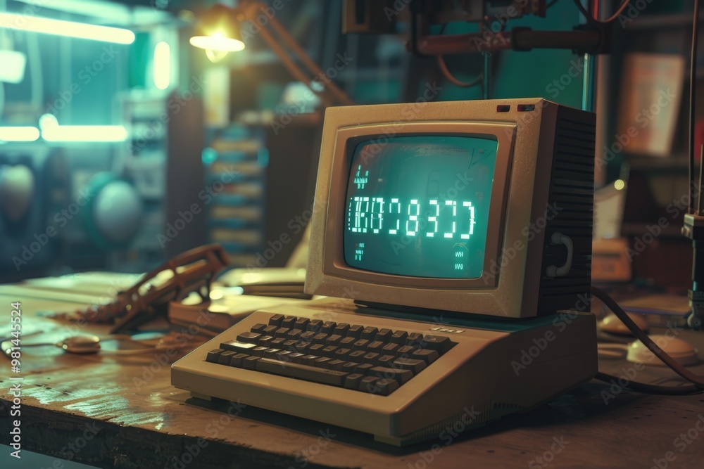 An old computer sits on top of a wooden table, ready for use or display An old computer sits on top of a wooden table, ready for use or display