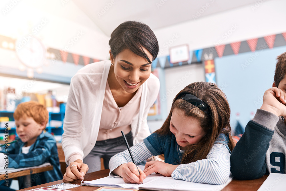 Education, writing and teacher with girl student in classroom for learning, help and knowledge. Happy, assistance and educator with child for notes with studying for test or exam with scholarship. Education, writing and teacher with girl student in classroom for learning, help and knowledge. Happy, assistance and educator with child for notes with studying for test or exam with scholarship.
