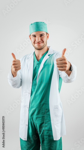 Smiling Doctor in Surgical Scrubs Giving Thumbs Up Gesture