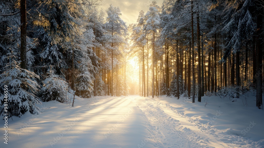 A snow covered forest with a path through it. The sun is shining through the trees, casting a warm glow on the snow. The scene is peaceful and serene, with the snow-covered ground A snow covered forest with a path through it. The sun is shining through the trees, casting a warm glow on the snow. The scene is peaceful and serene, with the snow-covered ground