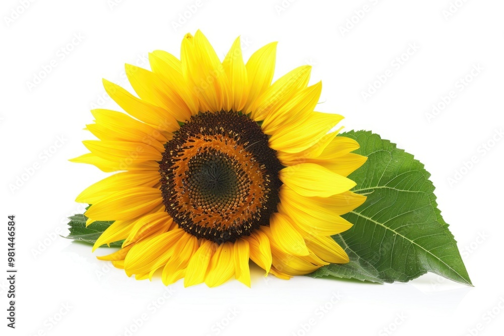 Obraz premium A bright yellow sunflower with green leaves against a pure white background, ideal for illustrations and designs