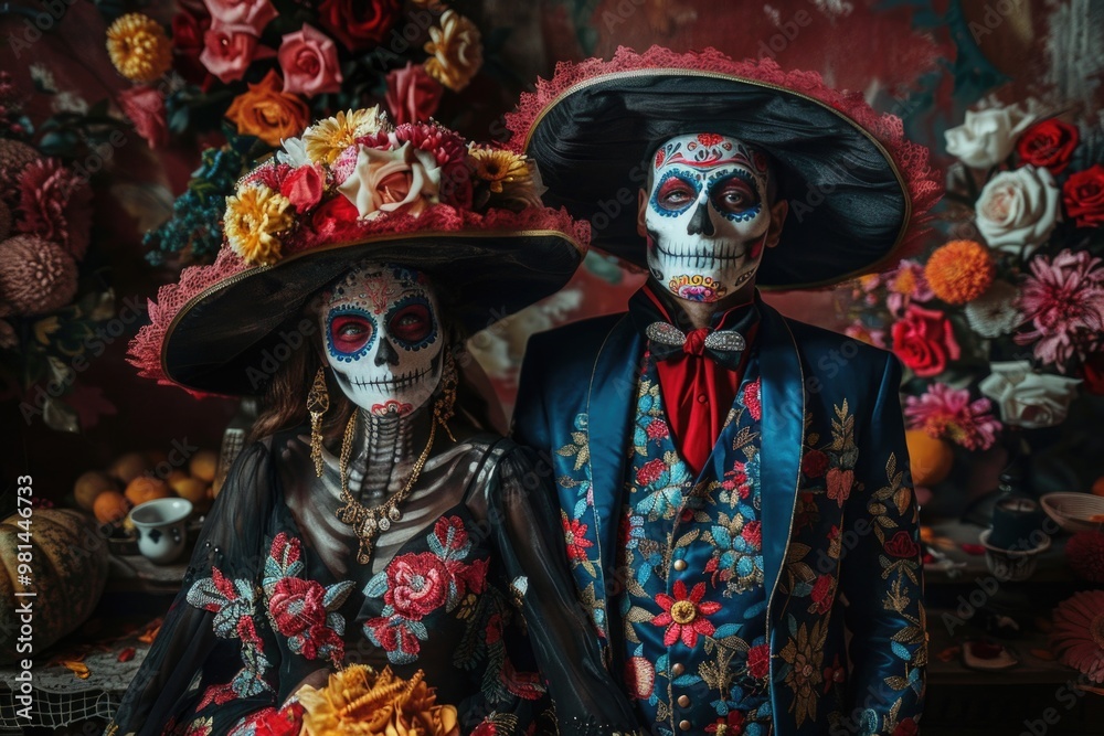 A pair of individuals dressed up in outfits and headgear for a special occasion or event A pair of individuals dressed up in outfits and headgear for a special occasion or event