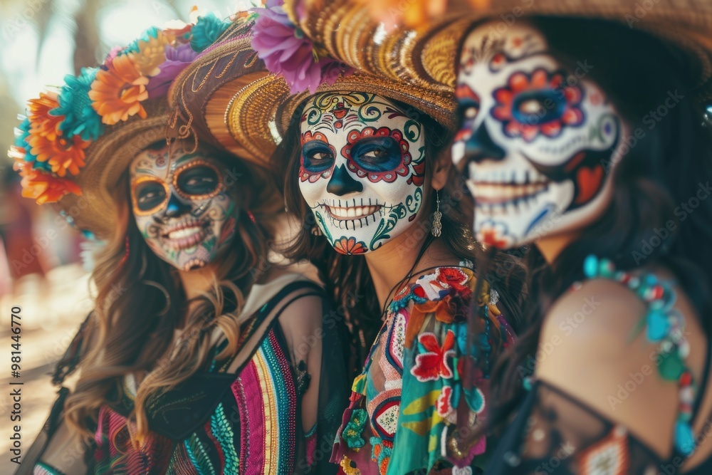 Group of women wearing sugar skull makeup, colorful and decorative Group of women wearing sugar skull makeup, colorful and decorative