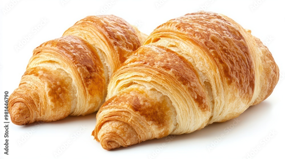 Two croissants are sitting on a white background. The croissants are golden brown and appear to be freshly baked Two croissants are sitting on a white background. The croissants are golden brown and appear to be freshly baked