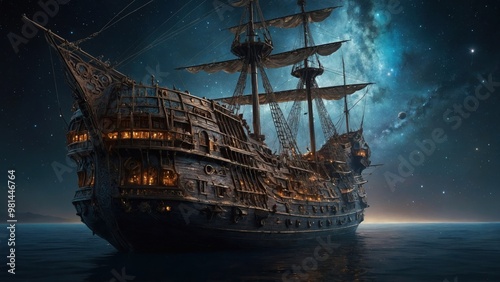 ship in night starry sky distant galaxy