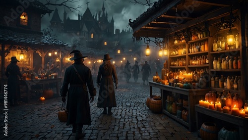 Halloween market with potions and magical items.