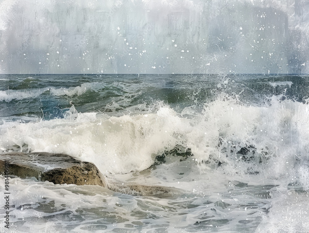 Obraz premium Waves crashing against rocky shoreline on a stormy day.
