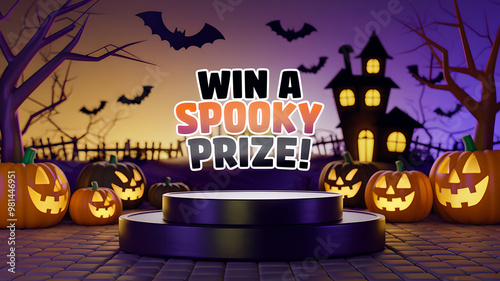 Win a spooky prize Halloween banner. Bright and festive design, glowing pumpkins and bats with text in bold, colorful typography. For contest promotions or Halloween event ads photo