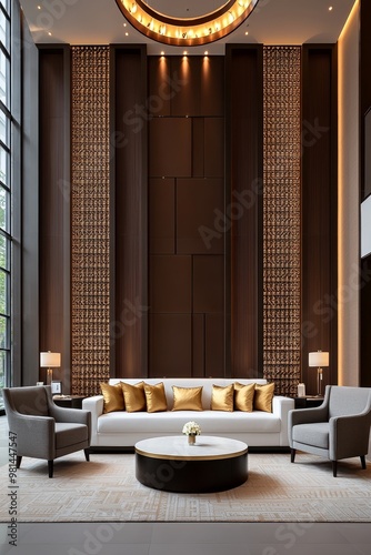 Contemporary Elegance Symmetrical White Sofa and Armchairs in Minimalist Interior, Sophisticated Decor with Abstract Wall Pattern, Luxury Design Concept