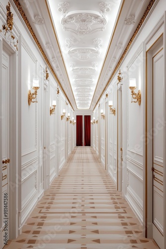 Symmetrical Elegance Grand Hallway with Red Curtains, Opulent Decor and Soft Lighting - Luxurious Interior Design Concept for Hotels, Events, and Weddings