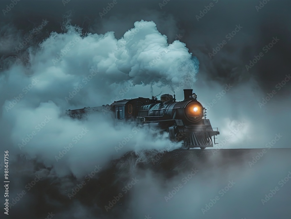 Fototapeta premium A vintage steam locomotive emerging from the misty landscape.