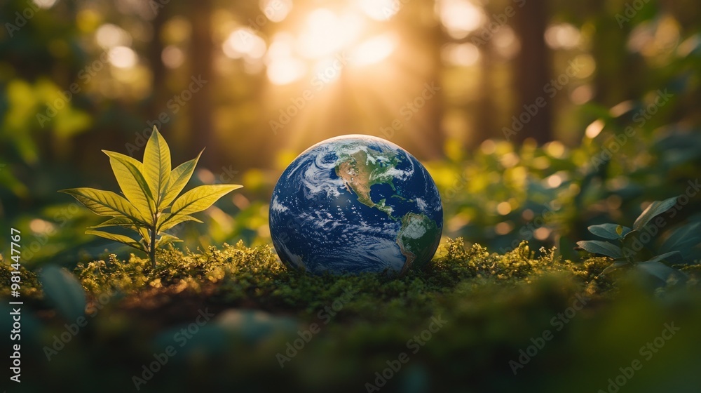 A globe of the earth sits on moss in a forest with sunlight streaming through the trees. A globe of the earth sits on moss in a forest with sunlight streaming through the trees.