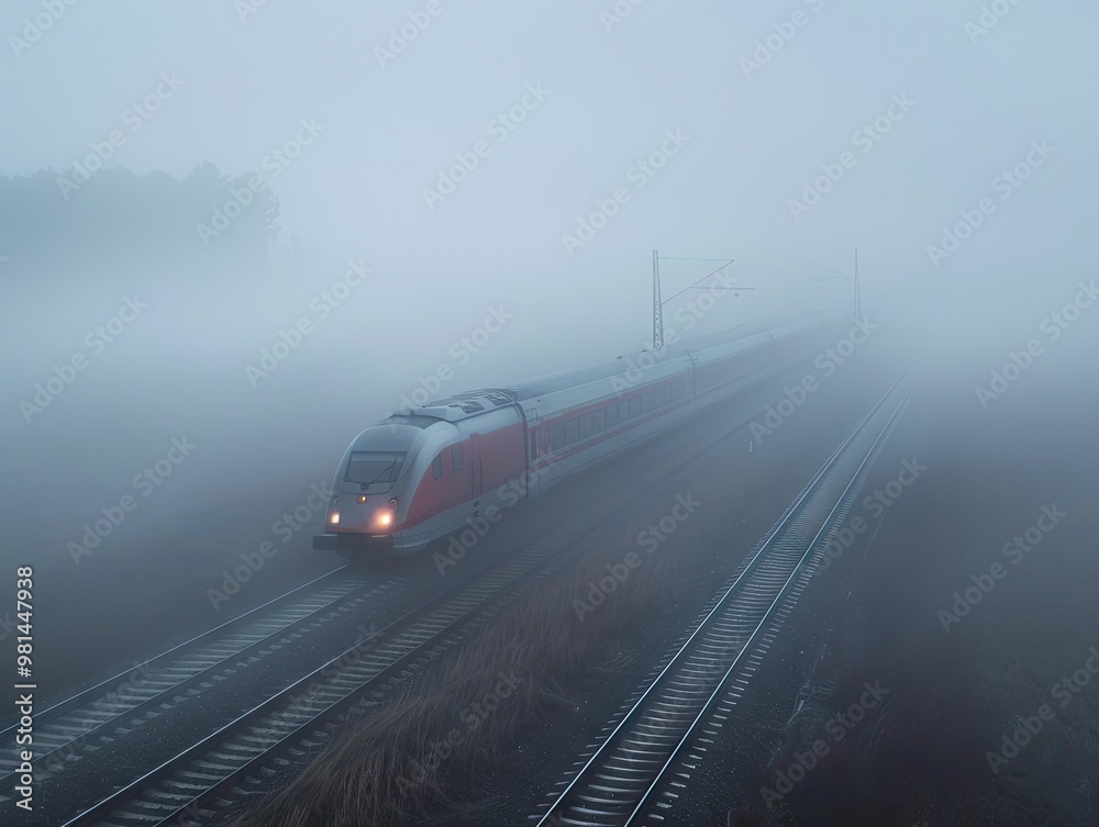 Naklejka premium Modern train emerging from fog on a tranquil morning.