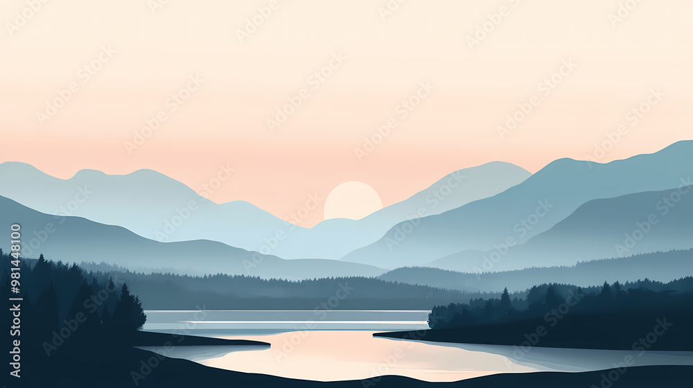 Minimalist landscape with muted tones of a serene valley, distant mountains, and soft sky. Muted Tones. Illustration Minimalist landscape with muted tones of a serene valley, distant mountains, and soft sky. Muted Tones. Illustration