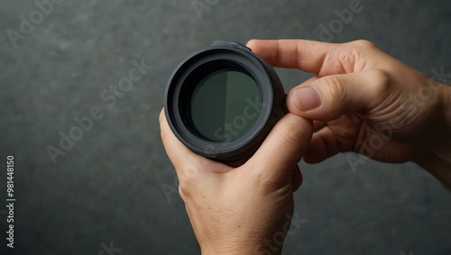 Hand holding a gray lens pouch with a circular ND filter.