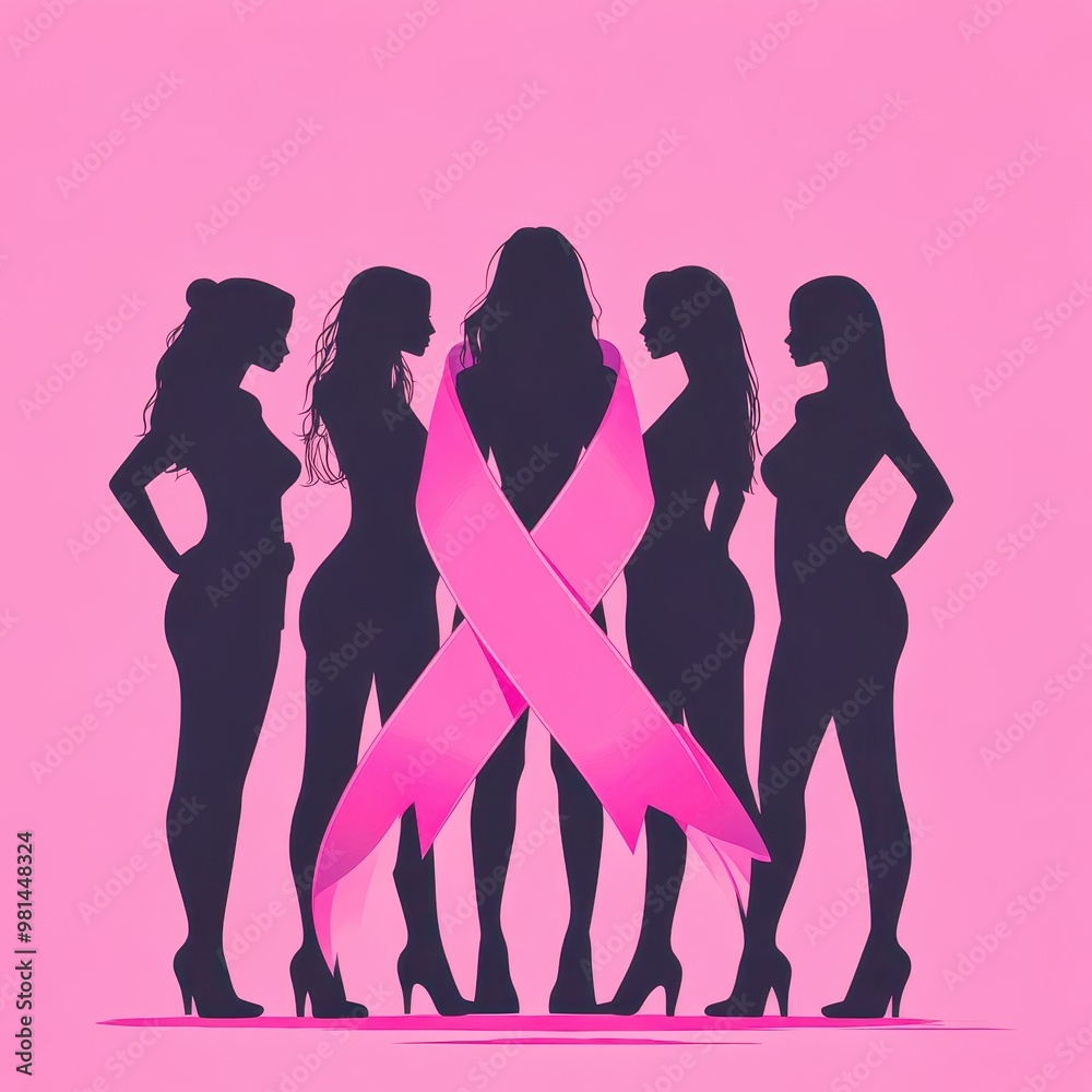 Five women standing united with big pink ribbon breast cancer concept Five women standing united with big pink ribbon breast cancer concept