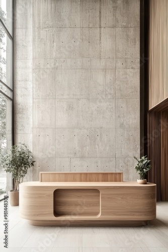 Minimalist Elegance Modern Wooden Reception Desk in Serene Concrete Space, Architectural Symmetry, Neutral Palette for Luxury Office Design Inspiration