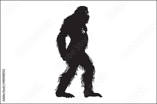 Bigfoot silhouette, Sasquatch vector, mythical creature, forest legend, cryptid art, wildlife silhouette, nature vector, outdoor adventure, mysterious figure, folklore illustration, camping theme, dar
