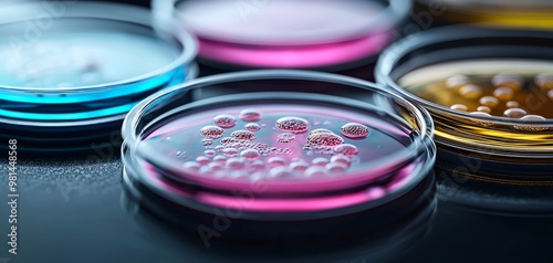 Captivating Macro View of Pink Liquid and White Bubbles in Scientific Petri Dishes on Laboratory Countertop - Detailed Texture and Vivid Colors in Research Setting