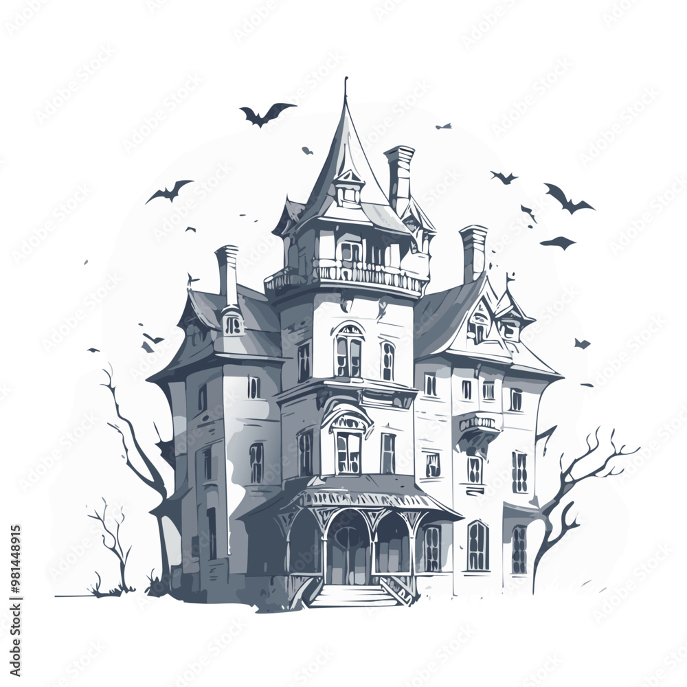 Obraz premium Haunted house sketch design. Spooky haunted mansion pen sketch vector art design.architecture, art, autumn, backgrounds, black color, blueprint, book, Building Exterior, cartoon, castle, clip art, com