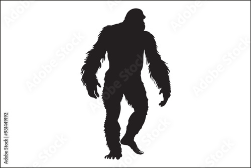 Bigfoot silhouette, Sasquatch vector, mythical creature, forest legend, cryptid art, wildlife silhouette, nature vector, outdoor adventure, mysterious figure, folklore illustration, camping theme, dar