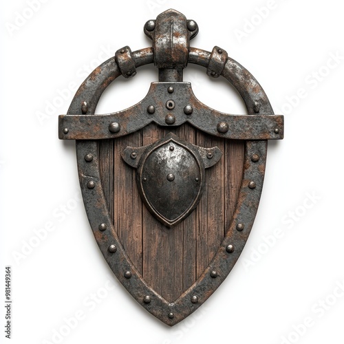 A vintage wooden shield with metal accents featuring a central emblem. Perfect for historical themes or medieval designs, white background