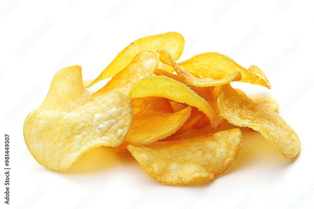 Freshly opened bag of crispy potato chips on a clean white background Freshly opened bag of crispy potato chips on a clean white background