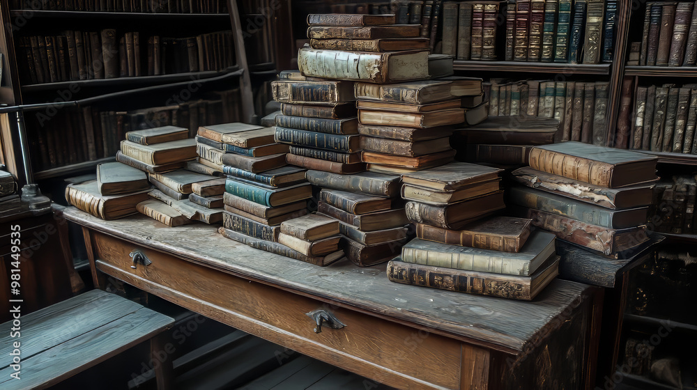 An old library with a wooden desk piled high with books. The books are old and worn, suggesting a rich history. This image is perfect for themes of history, education, and literature. An old library with a wooden desk piled high with books. The books are old and worn, suggesting a rich history. This image is perfect for themes of history, education, and literature.