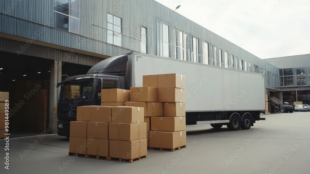 A black semi-trailer truck is parked at a loading dock with a large stack of cardboard boxes on pallets. A black semi-trailer truck is parked at a loading dock with a large stack of cardboard boxes on pallets.