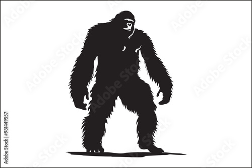 Bigfoot silhouette, Sasquatch vector, mythical creature, forest legend, cryptid art, wildlife silhouette, nature vector, outdoor adventure, mysterious figure, folklore illustration, camping theme, dar