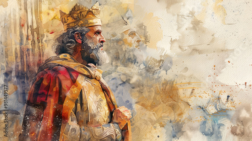  King Solomon from the Old Testament, portrayed with regal attire and a wise, contemplative expression.