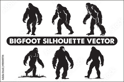 Bigfoot silhouette, Sasquatch vector, mythical creature, forest legend, cryptid art, wildlife silhouette, nature vector, outdoor adventure, mysterious figure, folklore illustration, camping theme, dar