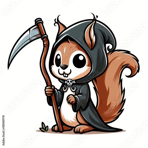 Cute Squirrel Grim Reaper Cartoon Vector Icon Illustration