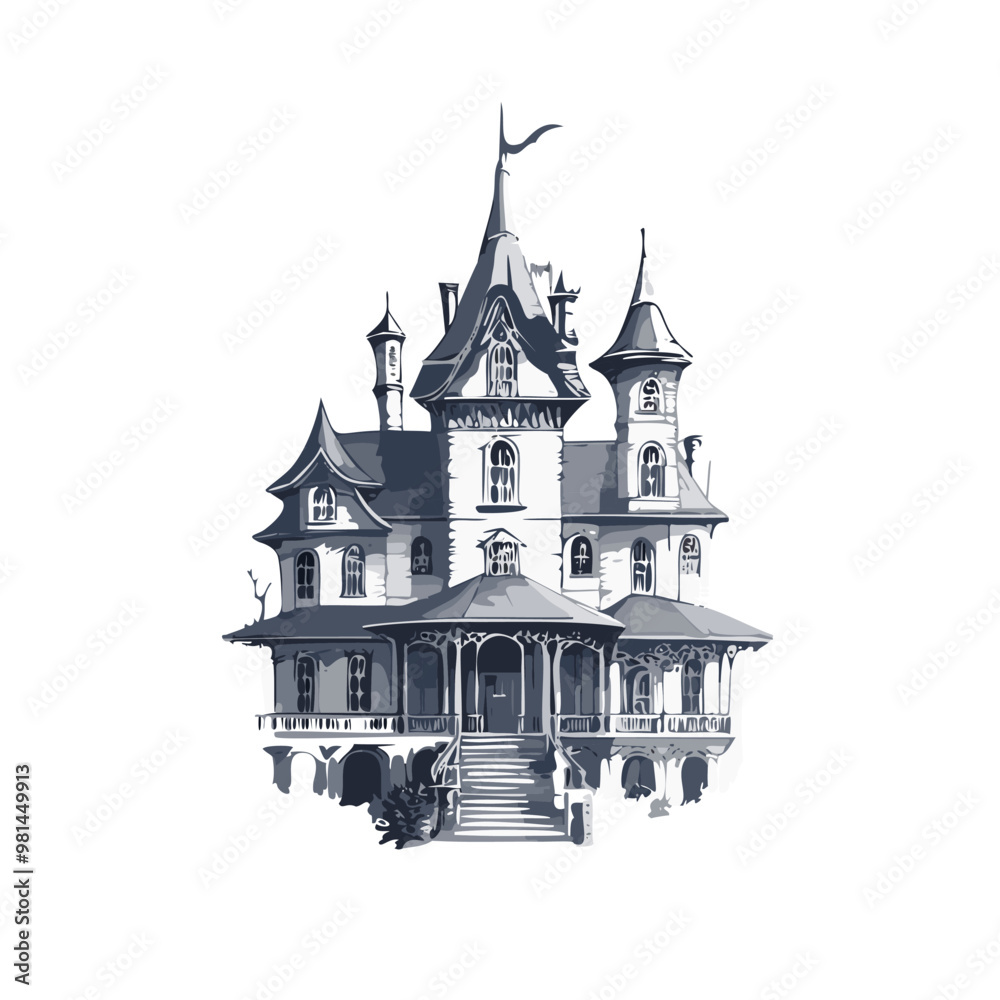 Fototapeta premium Haunted house sketch design. Spooky haunted mansion pen sketch vector art design.