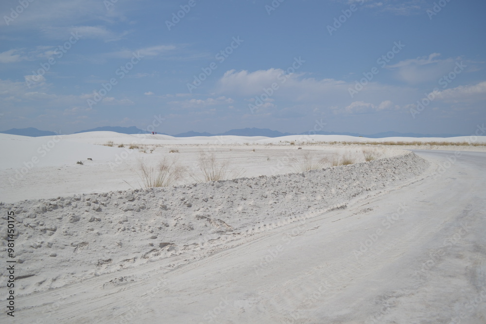 A road through the white dunes in White Sands, New Mexico