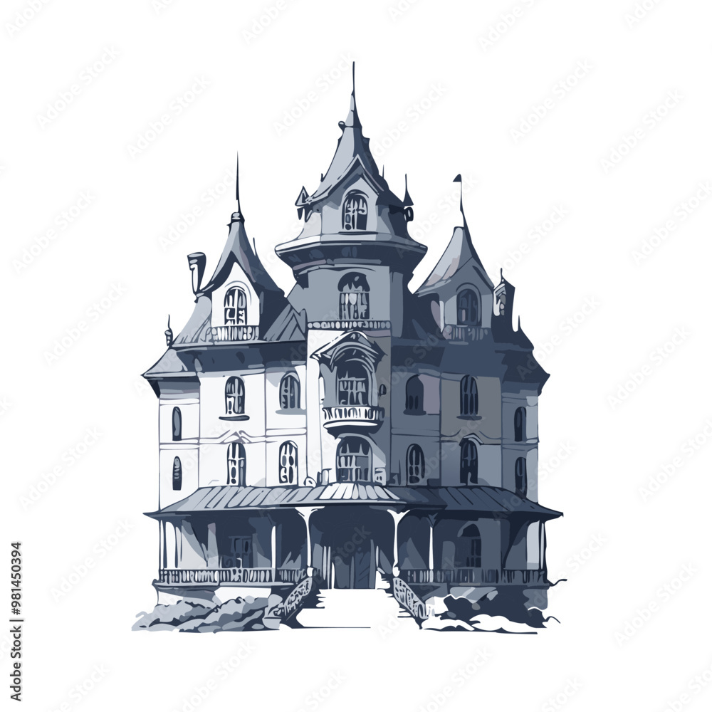 Fototapeta premium Haunted house sketch design. Spooky haunted mansion pen sketch vector art design.