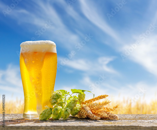 Wallpaper Mural A glass of cold beer sits on a table with a vast rye field Torontodigital.ca