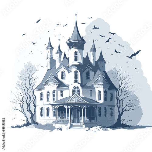 Haunted house sketch design. Spooky haunted mansion pen sketch vector art design.