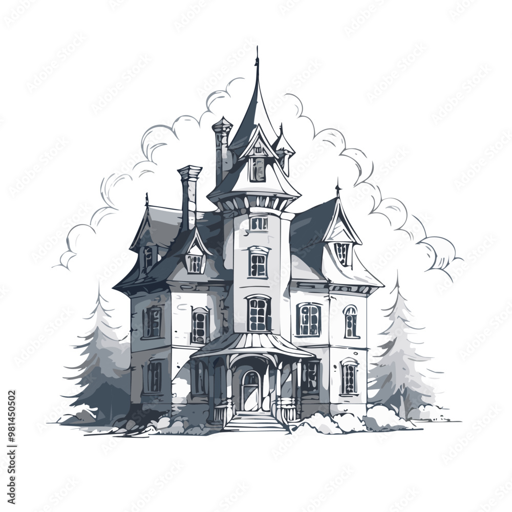 Haunted house sketch design. Spooky haunted mansion pen sketch vector art design. Haunted house sketch design. Spooky haunted mansion pen sketch vector art design.