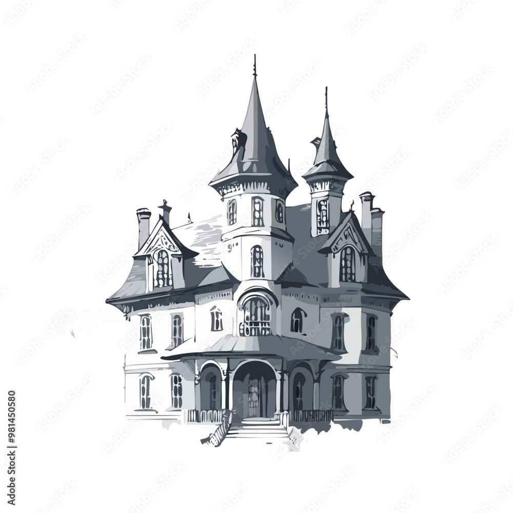Obraz premium Haunted house sketch design. Spooky haunted mansion pen sketch vector art design.
